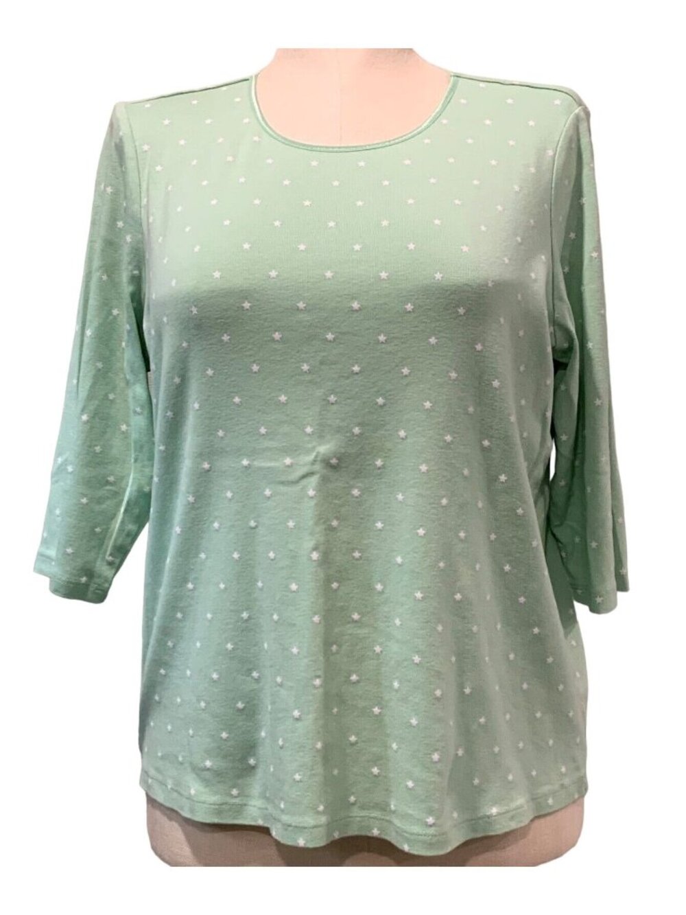 CJ Banks 3/4 Sleeve Top Womens Size 1X Light Green White Stars Cotton Blouse